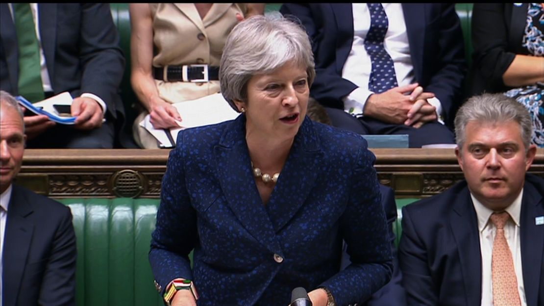 Theresa May addresses Parliament on Monday after Foreign Secretary Boris Johnson resigned.
