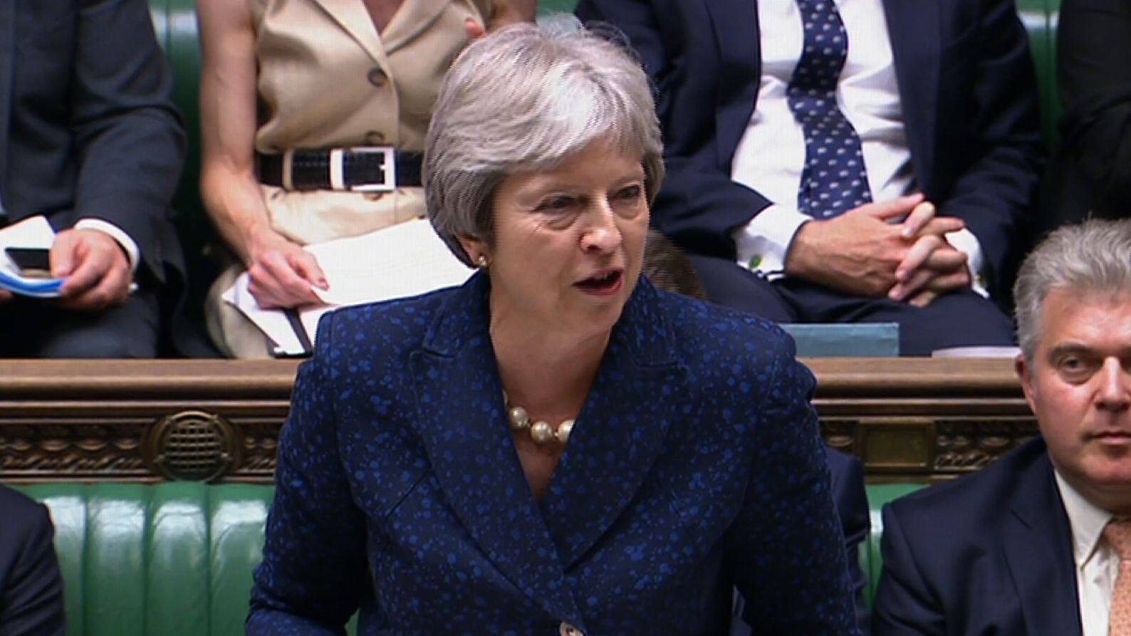 Theresa May addresses Parliament on Monday after Foreign Secretary Boris Johnson resigned.