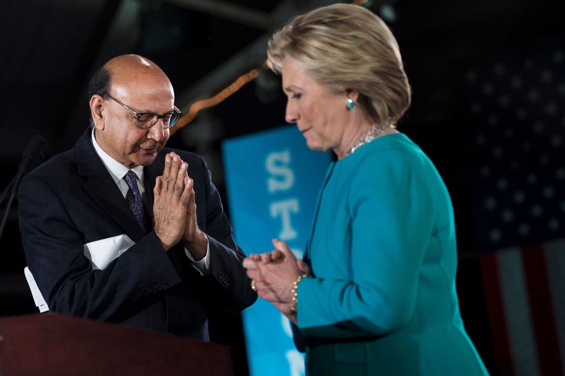 Khan introduces Clinton at a New Hampshire rally in 2016. Her loss devastated him but strengthened his resolve to stay politically active.