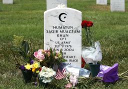 ARLINGTON, VA - AUGUST 01: The gravesite of Muslim-American, U.S. Army Capt. Humayun Khan is shown at Arlington National Cemetary August 1, 2016 in in Arlington, Virginia. Khan was killed during Operation Iraqi Freedom in 2004. (Photo by Mark Wilson/Getty Images)