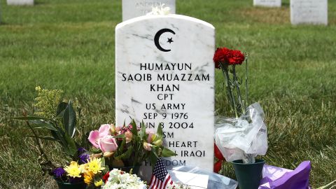 ARLINGTON, VA - AUGUST 01: The gravesite of Muslim-American, U.S. Army Capt. Humayun Khan is shown at Arlington National Cemetary August 1, 2016 in in Arlington, Virginia. Khan was killed during Operation Iraqi Freedom in 2004. (Photo by Mark Wilson/Getty Images)