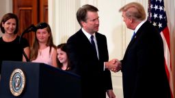 President Donald Trump greets Judge Brett Kavanaugh his Supreme Court nominee, in the East Room of the White House, Monday, July 9, 2018, in Washington. (AP Photo/Evan Vucci)