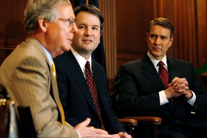 Kavanaugh is flanked by US Sens. Mitch McConnell, left, and Bill Frist during a news conference in Washington in May 2006. Kavanaugh had been nominated by Bush in 2003, but it took nearly three years until he was confirmed by a Senate vote of 57-36.