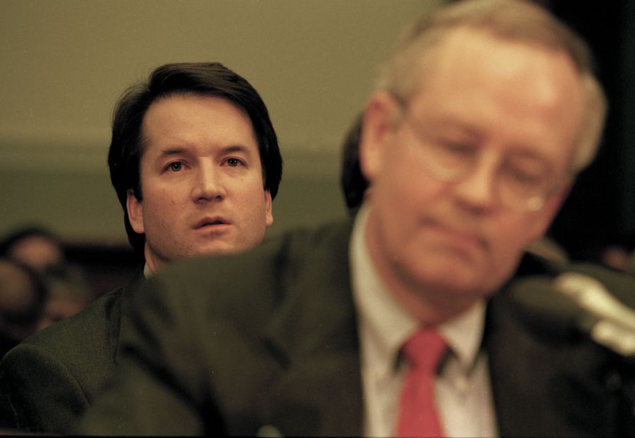Kavanaugh sits behind Kenneth Starr as Starr testifies before a House committee in November 1998. Kavanaugh worked on Starr's investigation of President Bill Clinton.
