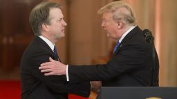 President Donald J. Trump shakes the hand of Federal appeals court judge Brett Kavanaugh as his nominee to replace retiring Supreme Court Justice Anthony Kennedy, in the East Room of the White House in Washington, D.C. on Monday, July 9, 2018.