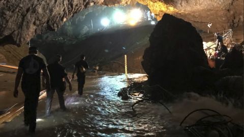 This photo tweeted by tech entrepreneur Elon Musk shows rescue efforts during the three-day mission. Musk tweeted early July 10 that he had visited the cave and left a mini-submarine there for future use.
