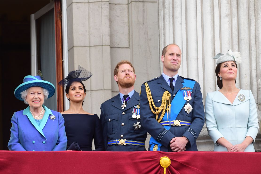 Queen Elizabeth, Meghan, Duchess of Sussex, Prince Harry, Prince William and Catherine, Duchess of Cambridge watch the flypast from the balcony of Buckingham Palace.