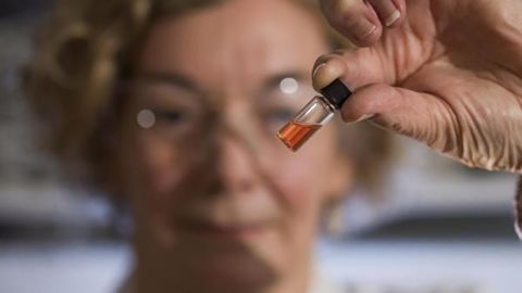 ANU Biogeochemistry Lab Manager Janet Hope holds a vial containing the world's oldest intact pigments.