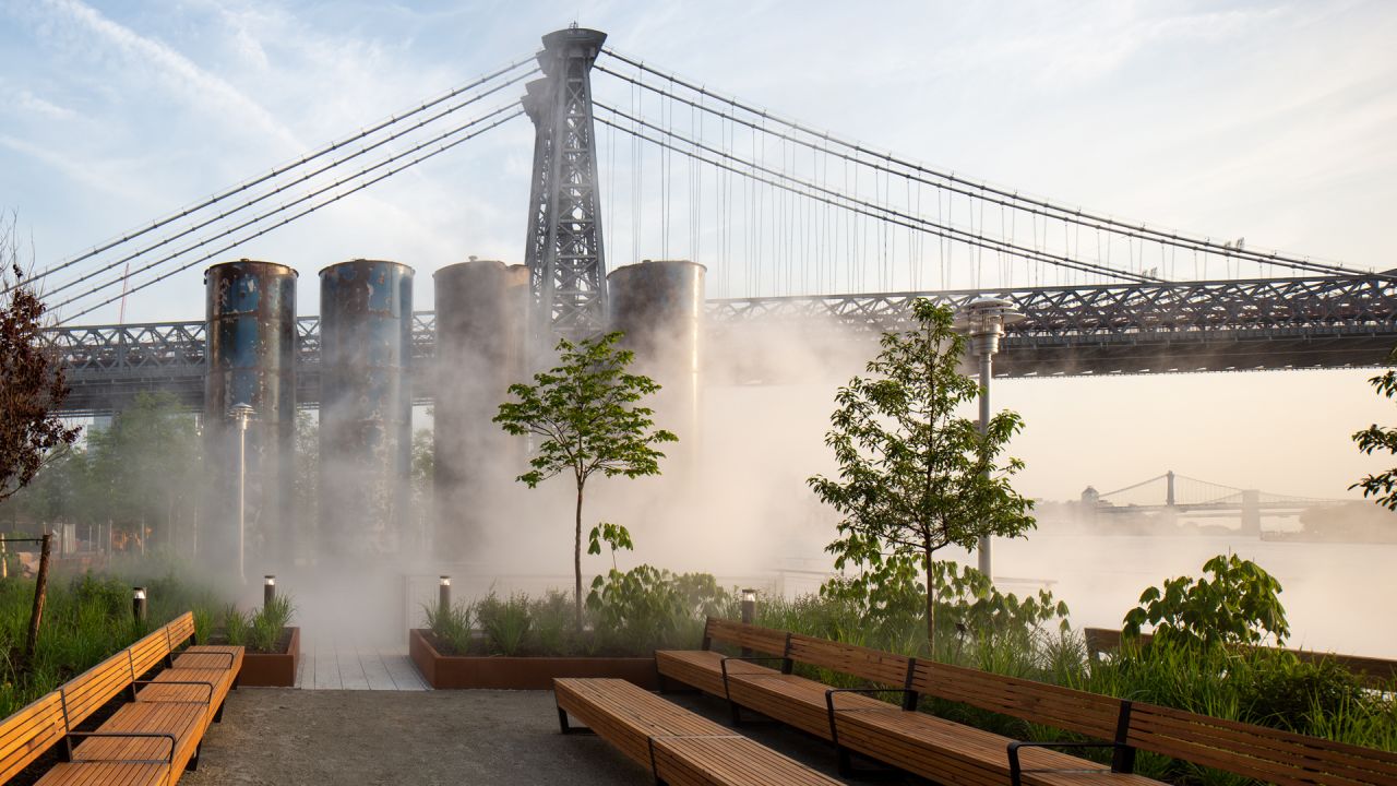 Opened in 2018, Domino Park includes design features that reference its former use as a sugar refinery.