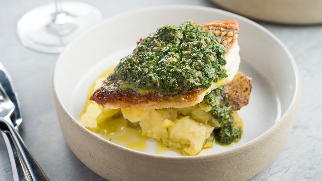 Black bass, salsa verde and coal-roasted potatoes at Lilia