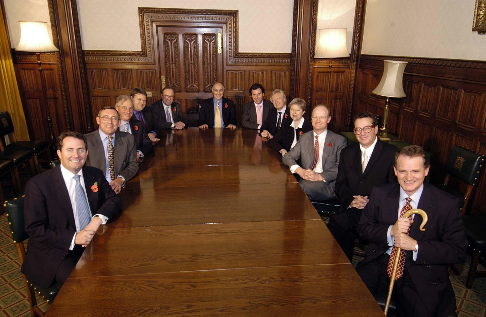 May and the rest of the shadow Cabinet in November 2003. The shadow Cabinet is the opposition party's senior leadership. May held various posts while in Parliament.