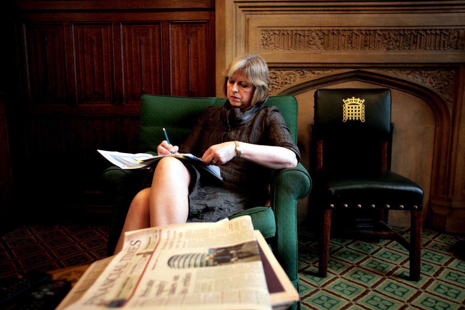 May works in her House of Commons office in January 2009.