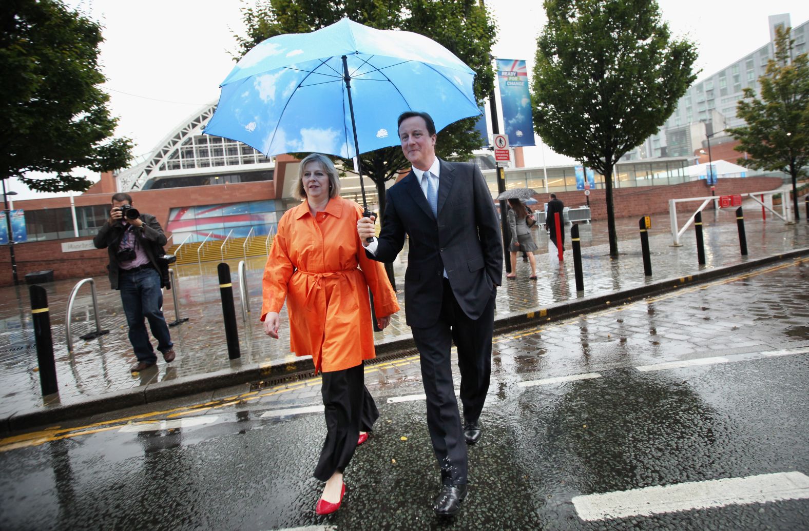 May joins then-Conservative Party leader <a target="_blank">David Cameron</a> during a party conference in Manchester, England, in October 2009. Cameron became Prime Minister the following year, and May was appointed home secretary.