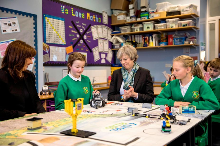 May visits a primary school in Bootle, England, in February 2017.