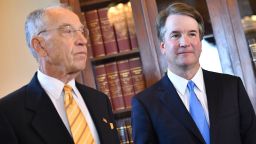 Supreme Court associate justice nominee Brett Kavanaugh (R) attends a meeting with Chuck Grassley, R-IA, chairman of the Senate Judiciary Committee, at the US Capitol in Washington, DC on July 10, 2018. (Photo by MANDEL NGAN / AFP)        (Photo credit should read MANDEL NGAN/AFP/Getty Images)