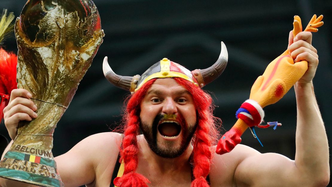 A supporter of Belgium poses prior to the semifinal match between France and Belgium.
