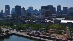 Skyline of Montreal, Canada, as seen from the Grande Roue De Montreal ferris wheel in the Old Port on July 2, 2018. (Photo by EVA HAMBACH / AFP)        (Photo credit should read EVA HAMBACH/AFP/Getty Images)