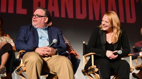 Executive producer Bruce Miller and Elisabeth Moss speak onstage during "The Handmaid's Tale" Hulu finale at The Wilshire Ebell Theatre on July 9, 2018 in Los Angeles, California. 