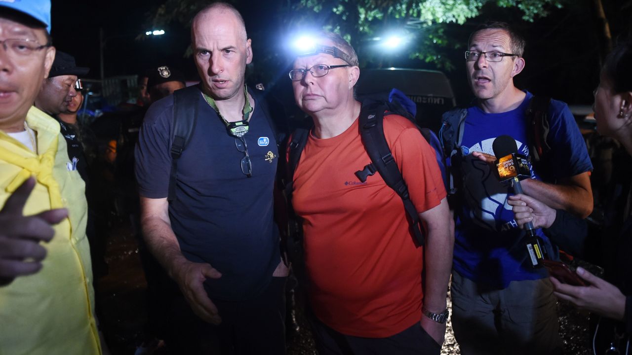 Three British cave-divers, Rick Stanton, Robert Harper and John Volanthen arrive at Khun Nam Nang Non Forest Park near the Tham Luang cave in Chiang Rai on June 27, 2018.