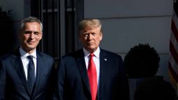 NATO Secretary General Jens Stoltenberg (L) stands next to US President Donald Trump as they give a press statement before a meeting breakfast at the US chief of mission's residence in Brussels on July 11, 2018, ahead of a NATO (North Atlantic Treaty Organization) summit. (Photo by Brendan Smialowski / AFP)        (Photo credit should read BRENDAN SMIALOWSKI/AFP/Getty Images)