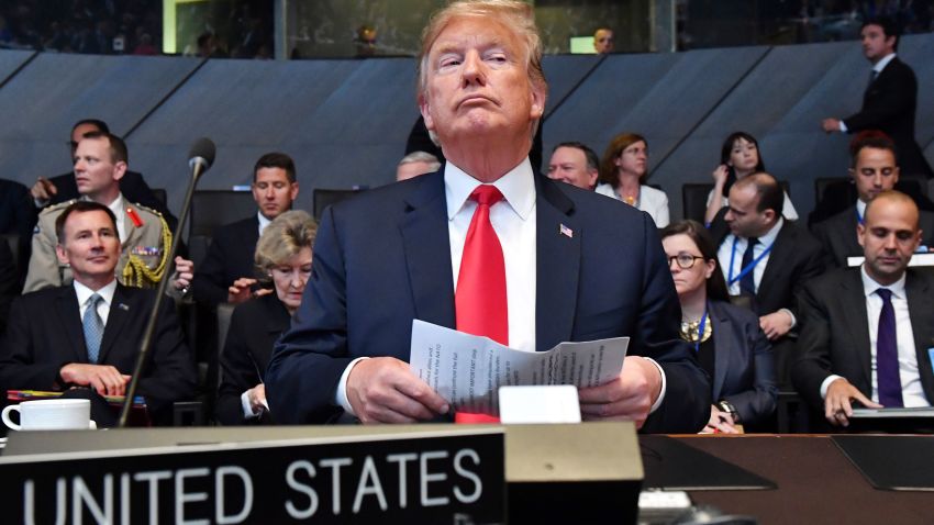 U.S. President Donald Trump attends a meeting of the North Atlantic Council during a summit of heads of state and government at NATO headquarters in Brussels on Wednesday, July 11, 2018. NATO leaders gather in Brussels for a two-day summit to discuss Russia, Iraq and their mission in Afghanistan. (AP Photo/Geert Vanden Wijngaert)