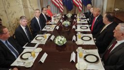 U.S. President Donald Trump, third right, and NATO Secretary General Jens Stoltenberg, third left, speak during their bilateral breakfast, Wednesday, July 11, 2018 in Brussels, Belgium. (AP Photo/Pablo Martinez Monsivais)