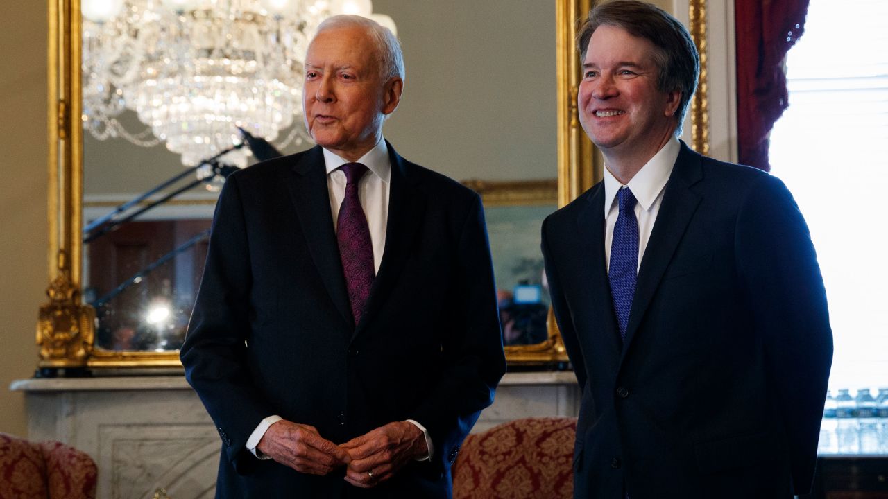 Supreme Court nominee Brett Kavanaugh, right, meets with Sen. Orrin Hatch, R-Utah, on Capitol Hill, Wednesday, July 11, 2018, in Washington. (AP Photo/Evan Vucci)