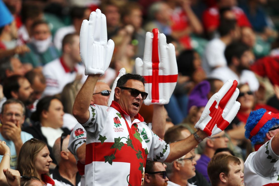 English rugby union fans at the HSBC London Sevens at Twickenham Stadium on June 2, 2018 in London.