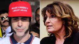 LEFT: WESTWOOD, CA - MARCH 03:  Actor Sacha Baren Cohen attends Premiere of Columbia Pictures and Village Roadshow Pictures 'The Brothers Grimsby' at Regency Village Theatre on March 3, 2016 in Westwood, California.  (Photo by Barry King/Getty Images)
RIGHT: WASHINGTON, DC - APRIL 14: Former Governor Sarah Palin speaks during the "Climate Hustle" panel discussion at the Rayburn House Office Building on April 14, 2016 in Washington, DC. (Kris Connor/Getty Images) 