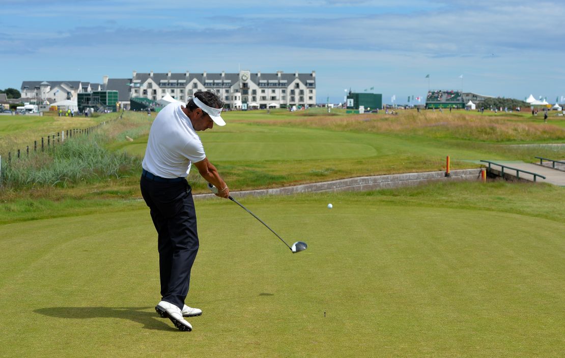 Jean Van de Velde driving off the 18th tee at Carnoustie during the 2016 Senior Open Championship.