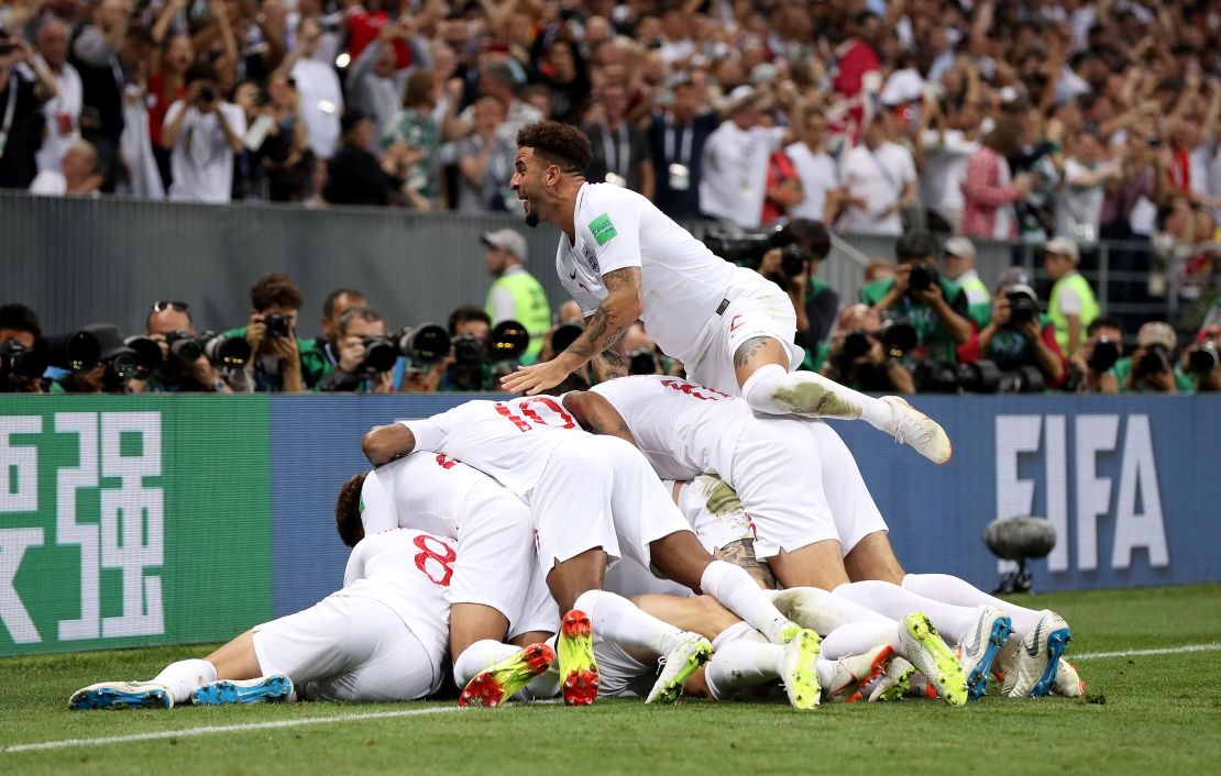 England players celebrate after opening the scoring against Croatia.