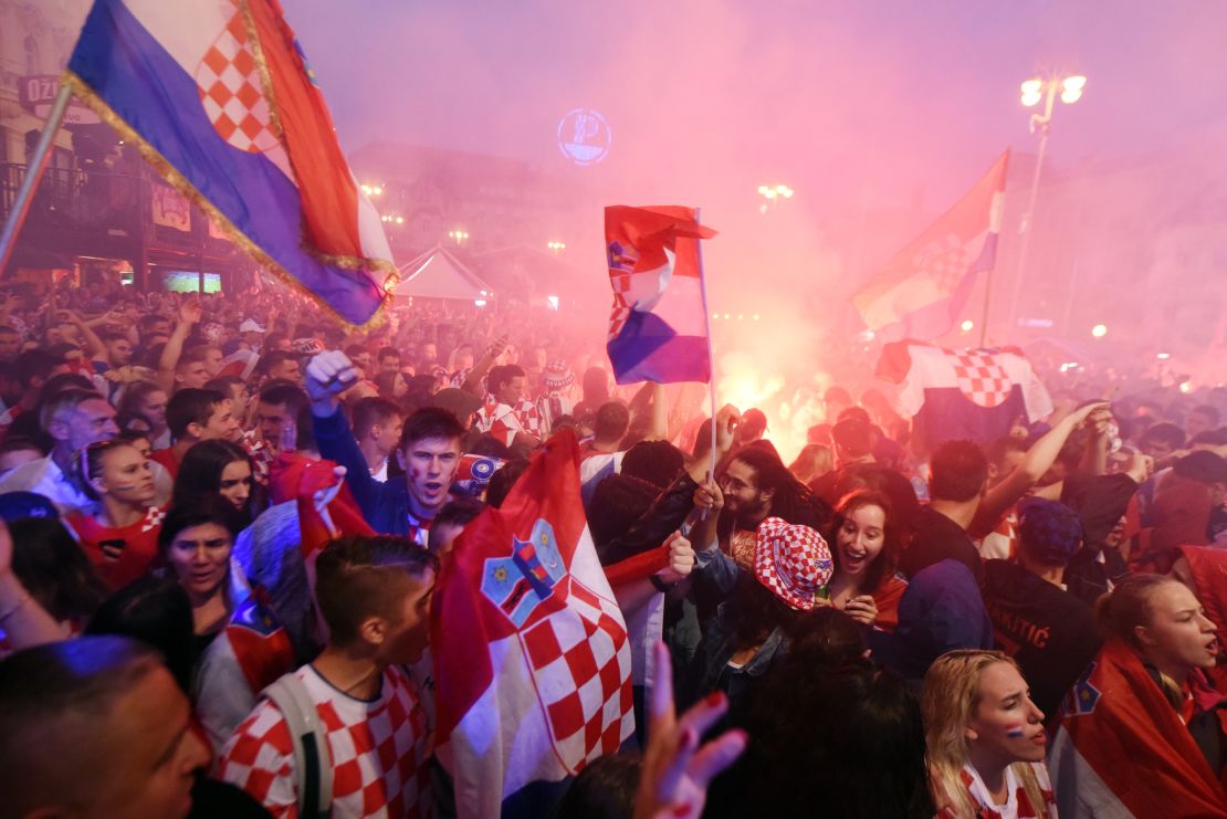 Croatia's supporters in Zagreb celebrate after their national team equalizes against England.