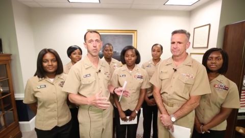 Chief of Naval Operations Adm. John Richardson, front left, and Chief of Naval Personnel Adm. Robert Burke, front right, announced changes to the Navy's female hairstyle policy Tuesday. 