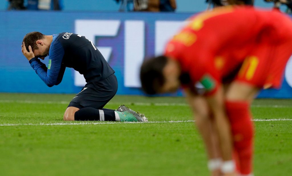 France's Antoine Griezmann celebrates at the end of the semifinal match against Belgium on Tuesday, July 10. France won 1-0 to advance to the final.