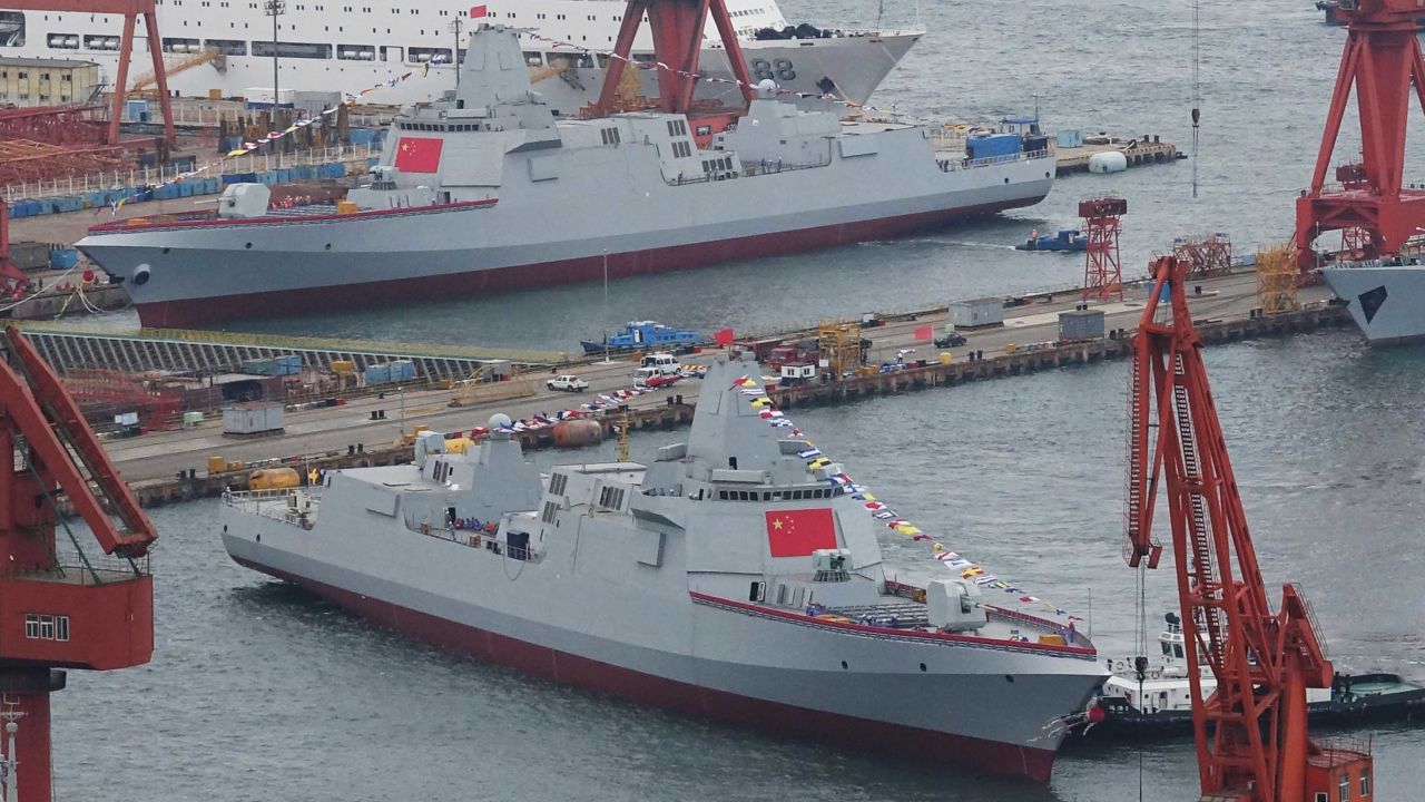 Two Type 055 guided-missile destroyers take water at a shipyard on July 3, 2018 in Dalian, Liaoning Province of China. Type 055 is the newest generation of guided-missile destroyer in China. (Photo by VCG)