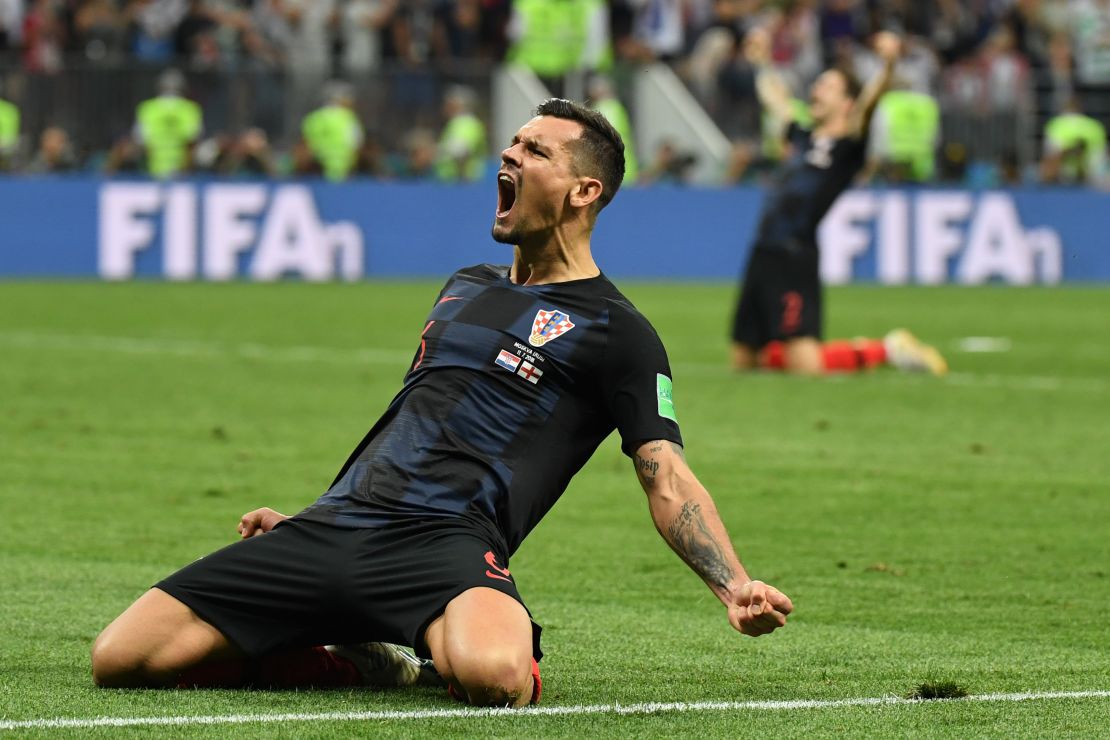 Lovren celebrates at the end of the Russia 2018 World Cup semi-final football match between Croatia and England.