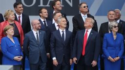 BRUSSELS, BELGIUM - JULY 11:  (From L to R, first row) German Chancellor Angela Merkel, Belgian Prime Minister Charles Michel, NATO Secretary General Jens Stoltenberg, U.S. President Donald Trump and British Prime Minister Theresa May attend the opening ceremony at the 2018 NATO Summit at NATO headquarters on July 11, 2018 in Brussels, Belgium. Leaders from NATO member and partner states are meeting for a two-day summit, which is being overshadowed by strong demands by U.S. President Trump for most NATO member countries to spend more on defense.  (Photo by Sean Gallup/Getty Images)