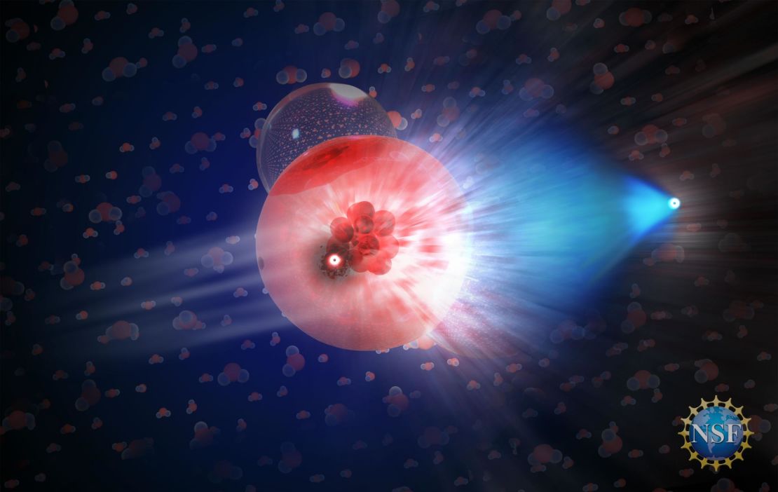 In this illustration, a neutrino has interacted with a molecule of ice, producing a secondary particle -- a muon -- that moves at relativistic speed in the ice, leaving a trace of blue light behind it. 