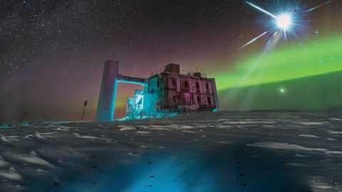In this artistic rendering, based on a real image of the IceCube Lab at the South Pole, a distant source emits neutrinos that are detected below the ice by IceCube sensors.