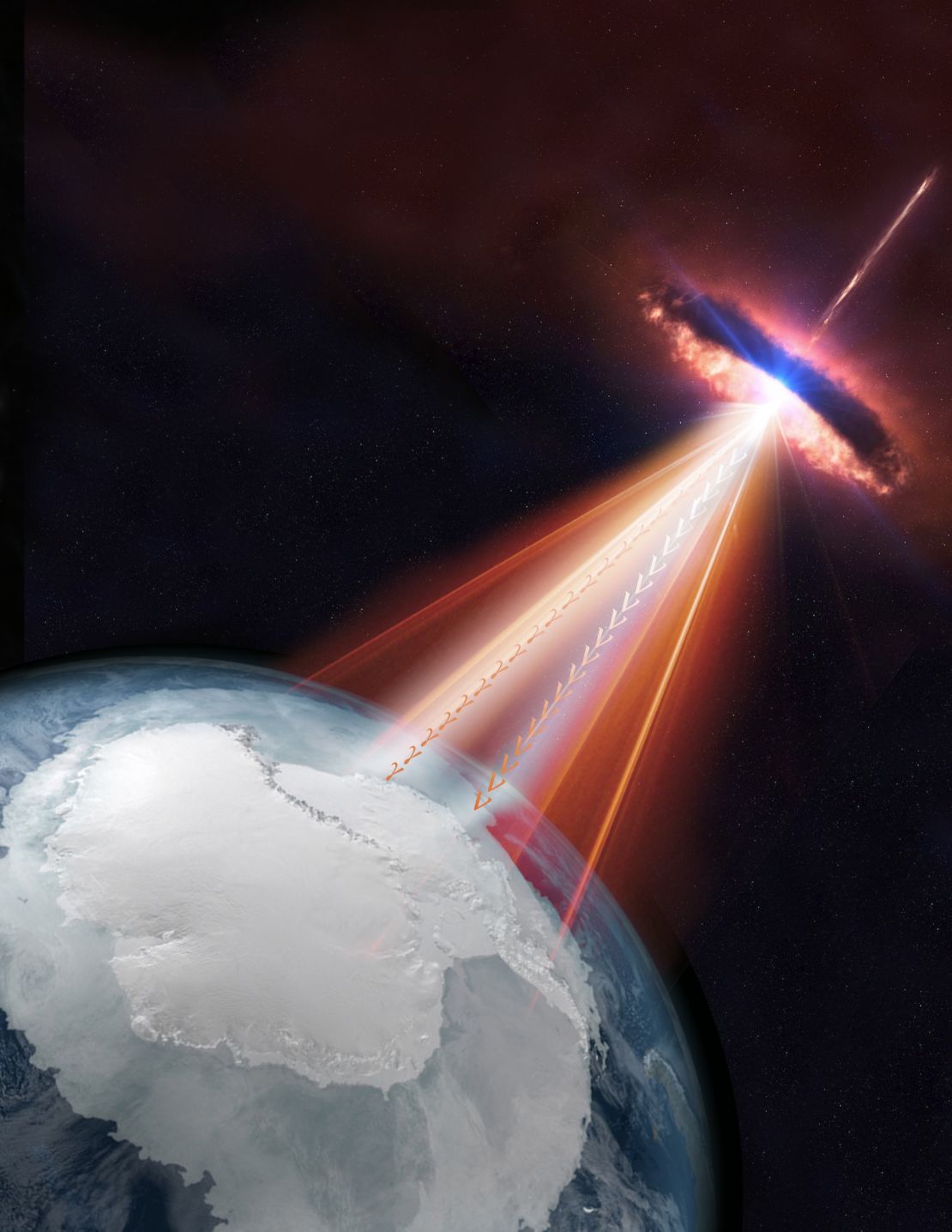Blazars are a type of active galaxy with one of its jets pointing toward us. In this artistic rendering, a blazar emits both neutrinos and gamma rays could be detected by the IceCube Neutrino Observatory as well as by other telescopes on Earth and in space. 