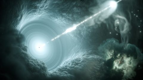 The supermassive black hole at the center of galaxy sends a narrow high-energy jet of matter into space.