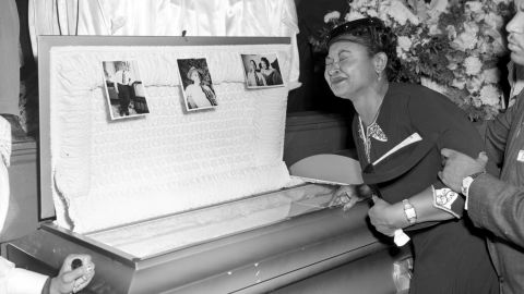 Mamie Till Mobley weeps at her son's funeral in Chicago in 1955.