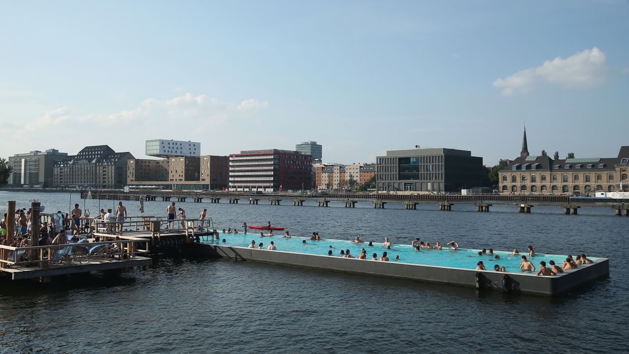 Badeschiff outdoor swimming pool lies in the Spree River.
