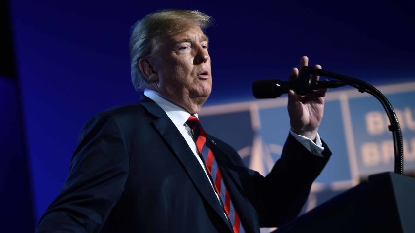 US President Donald Trump gestures as he addresses a press conference on the second day of the North Atlantic Treaty Organization (NATO) summit in Brussels on July 12, 2018. (Photo by Brendan SMIALOWSKI / AFP)        (Photo credit should read BRENDAN SMIALOWSKI/AFP/Getty Images)