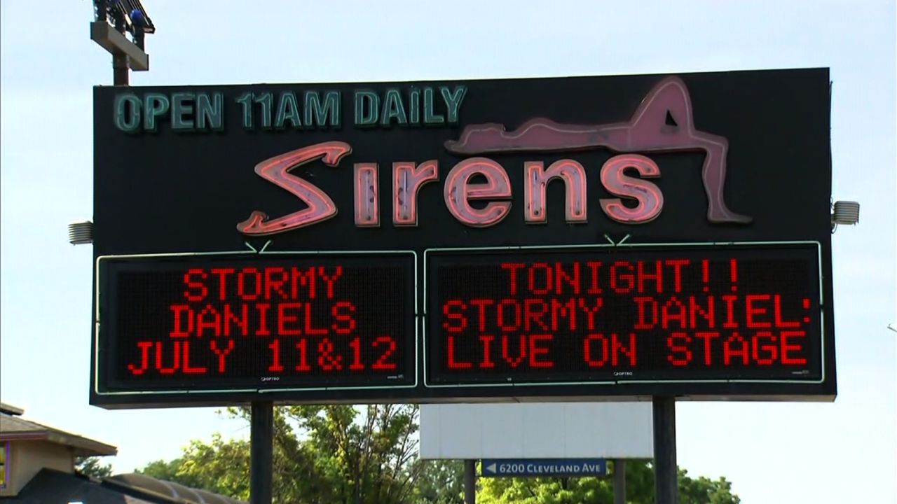 A sign for Sirens Gentlemen's Club advertised performances by Stormy Daniels this week in Columbus, Ohio.