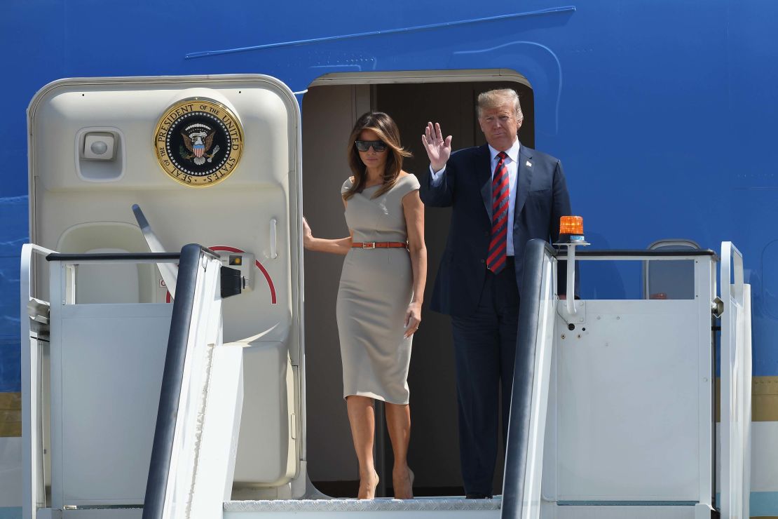 US President Donald Trump and First Lady Melania Trump arrive at London Stansted Airport on Thursday.