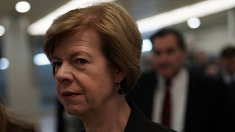 Sen. Tammy Baldwin is seen in the basement of the US Capitol prior to a Senate Democratic Policy Luncheon in January 2018 in Washington, DC. 