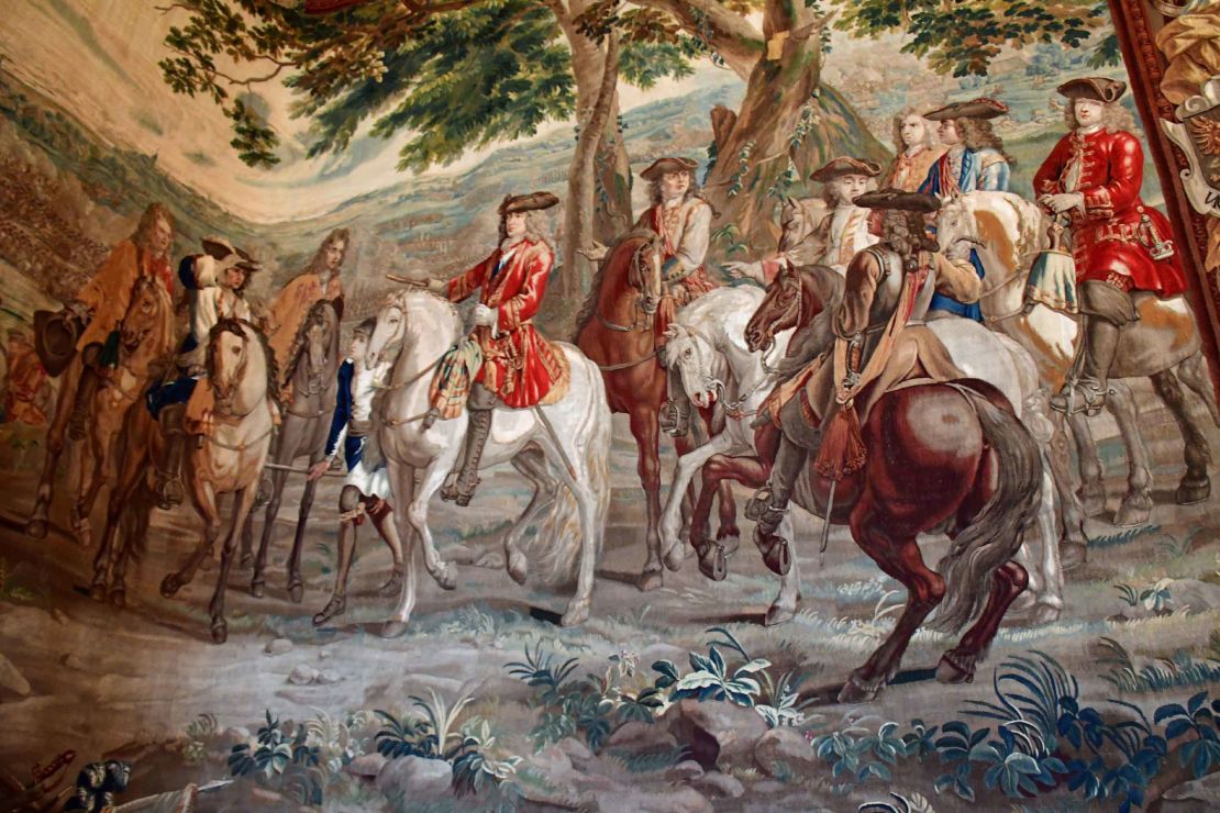 A tapestry at Blenheim Palace depicting John Churchill, Duke of Marlborough, at Battle of Blenheim in 1704. 