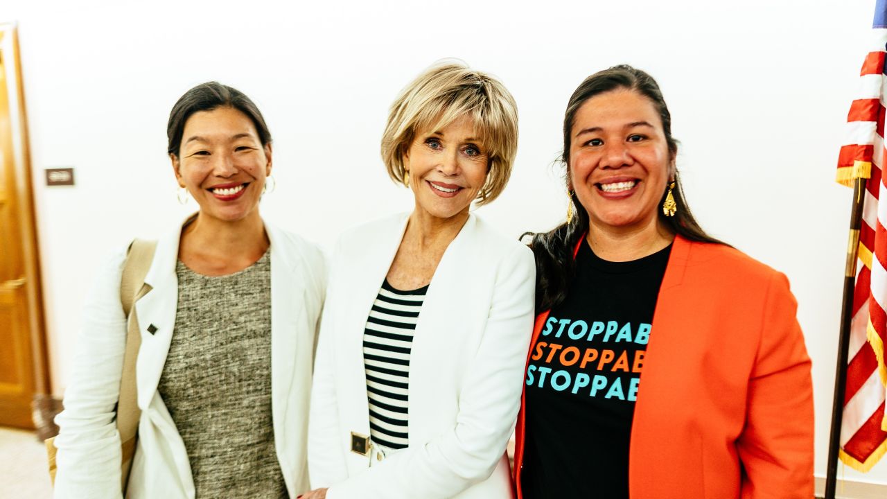 Jane Fonda (center), Ai-jen Poo of National Domestic Workers Alliance and Monica Ramirez of National Farmworker Women's Alliance during a day of lobbying on the Hill.