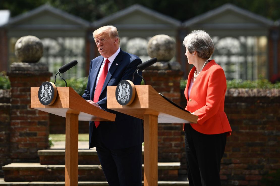 US President Donald Trump and Britain's Prime Minister Theresa May at a press conference outside London on July 13.
